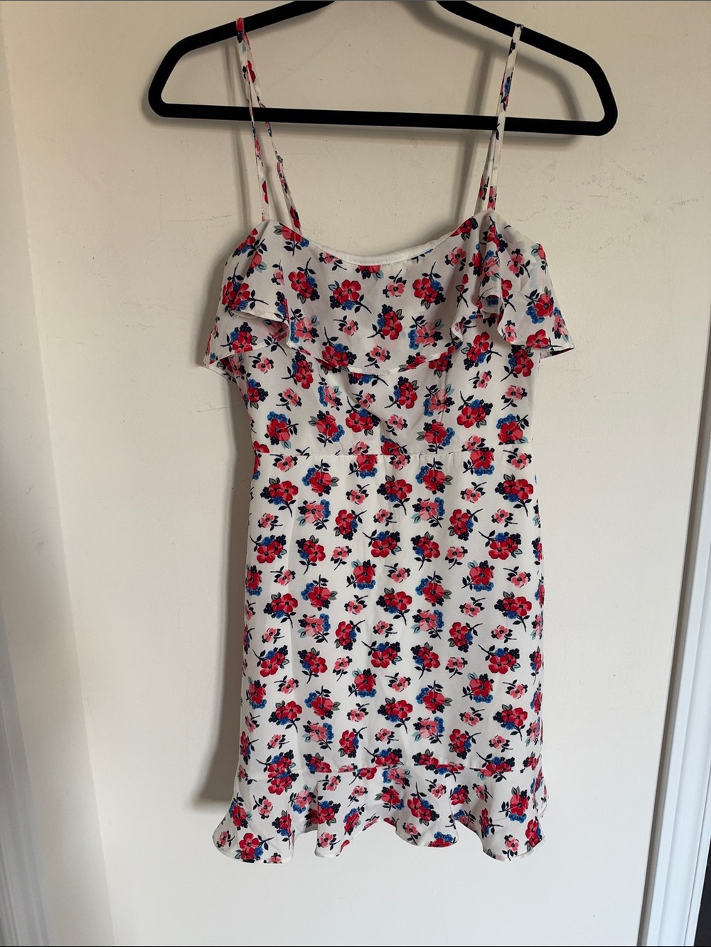 White Floral Ruffle Mini Dress with Red & Blue Blooms